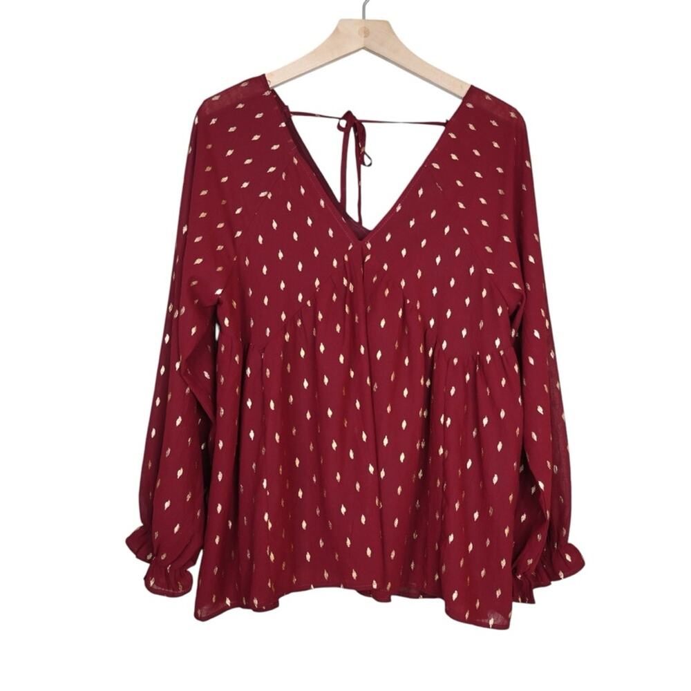 entro Women's S Burgundy Metallic Gold Dot Blouse NEW